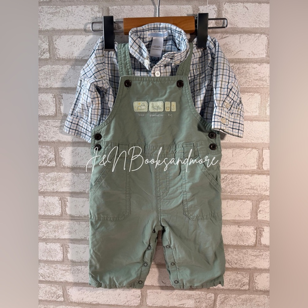 Janie & Jack Infant Button Down Shirt & Lined Grasshopper Overalls Set Size 3-6M